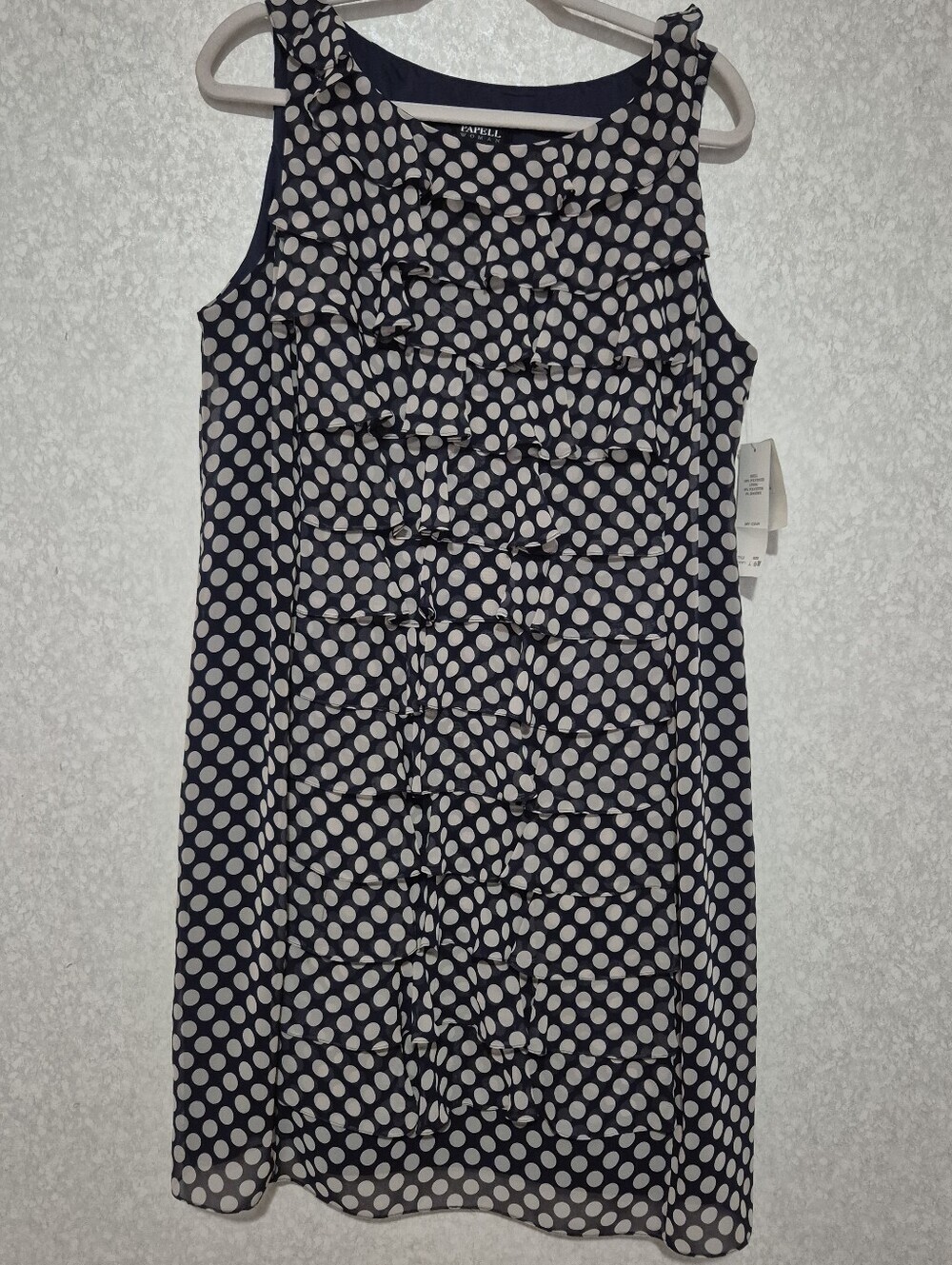 NWT Adrianna Papell Navy and White Polka Dot Ruffle Front Formal Dress..Size:16W